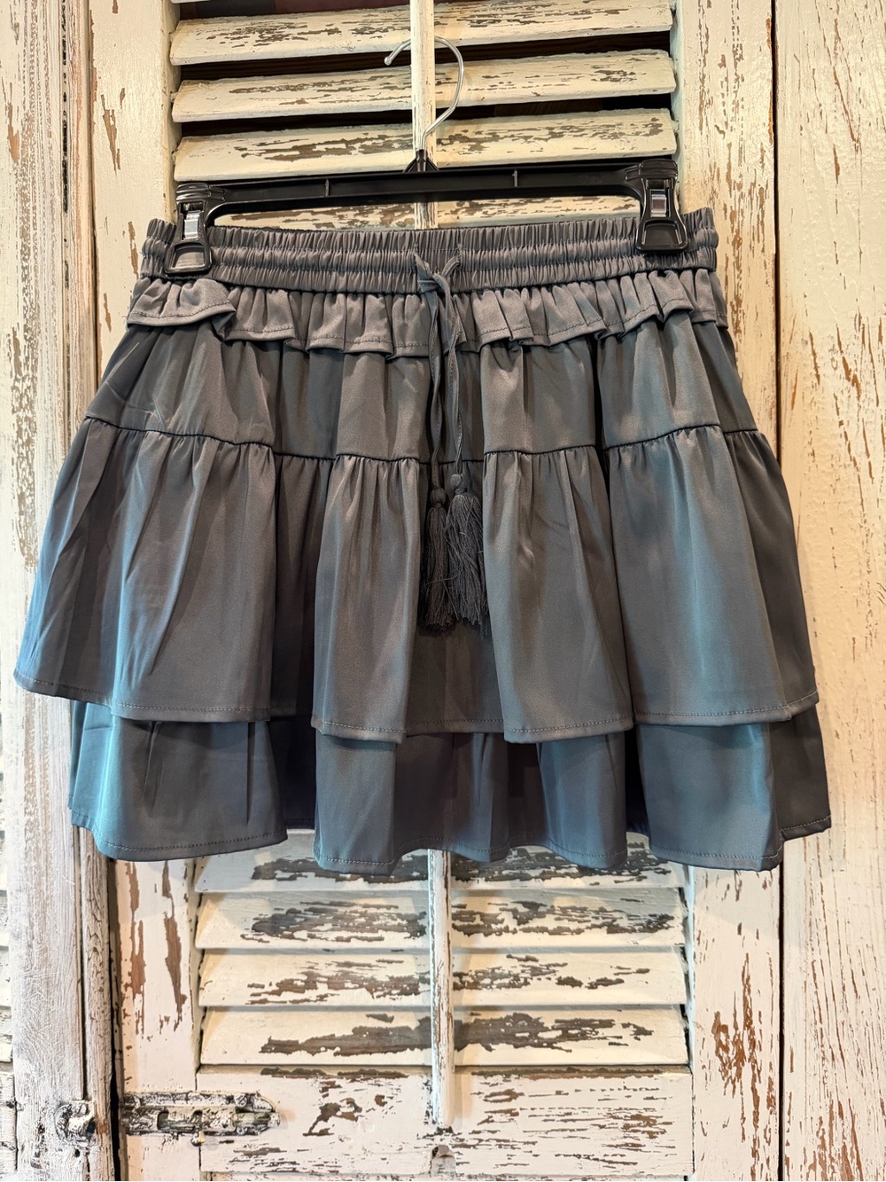 TCEC Tiered Ruffle Mini Skirt in Slate Gray